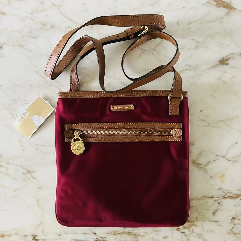 MICHAEL KORS Kempton Claret Burgundy Nylon Pocket Crossbody Bag